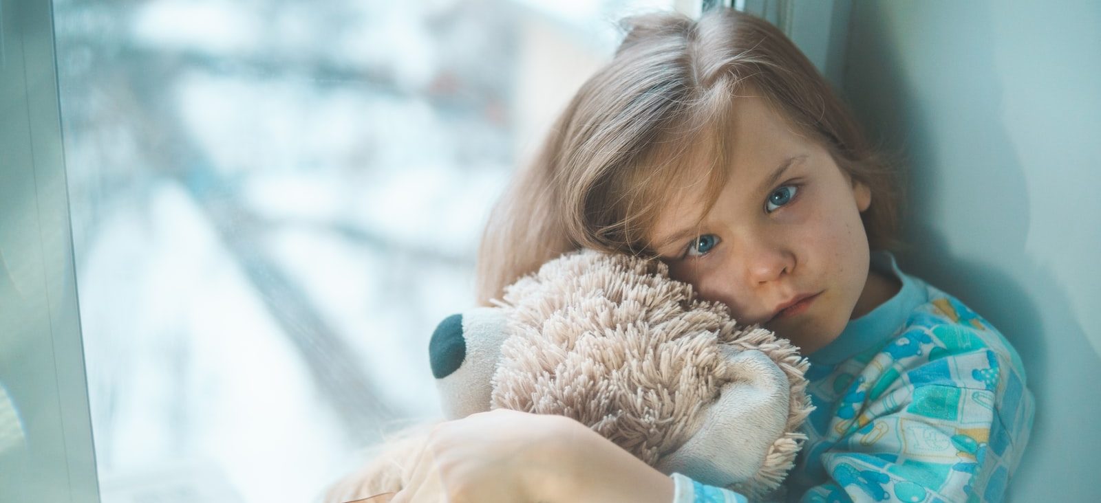 girl in blue white and red plaid shirt hugging brown teddy bear