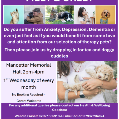 Pets as therapy meet and greet, mancetter memorial hall 2pm-4pm 1st wednesday of every month, for additional queries contact wendie fraser on 07957 565914 or luke sadler on 07932 234024