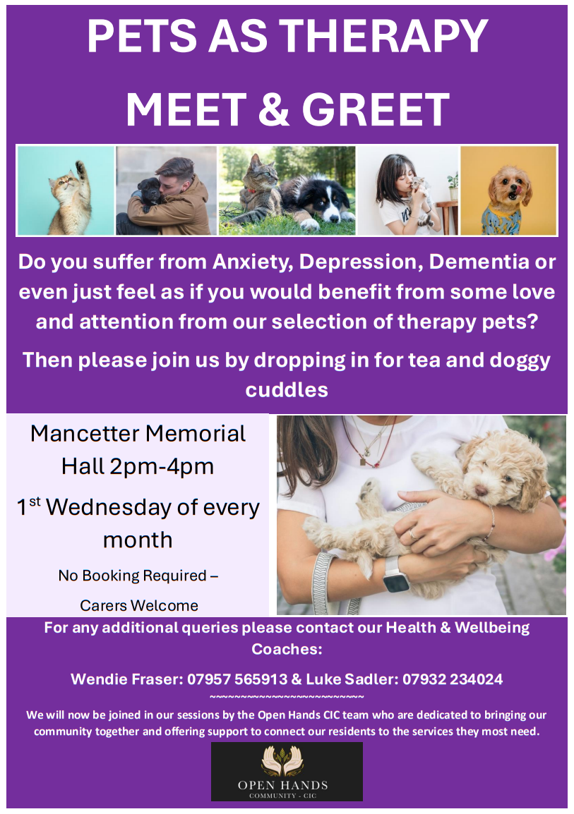 Pets as therapy meet and greet, mancetter memorial hall 2pm-4pm 1st wednesday of every month, for additional queries contact wendie fraser on 07957 565914 or luke sadler on 07932 234024