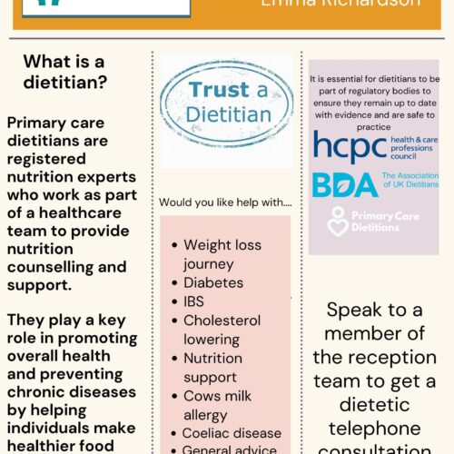 what is a dietician? dieticians are registered nutrition expert who work as part of a team to provide counselling and support. they play a key role in promoting overall health and preventing chronic diseases by helping individuals make healthier food choices and adopt balanced eating habits. would you like help with: weight loss, diabetes, ibs, cholesterol lowering, nutrition support, cow's milk allergy, coeliac disease, healthy eating advice and guidance. It is essential for dieticians to be part of regulatory bodies to ensure they are up-to-date and safe to practice. speak to a member of reception to get a dietetic telephone consultation booked.