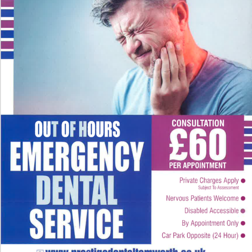 out-of-hours emergency dental service. consultation £60 per appointment. private charges apply, nervous patients welcome, diabled access, by appointment only, 24hr car park opposite. 111.prestigedentaltamworth.co.uk 01827 62152. 25 albert road tamworth b79 7js